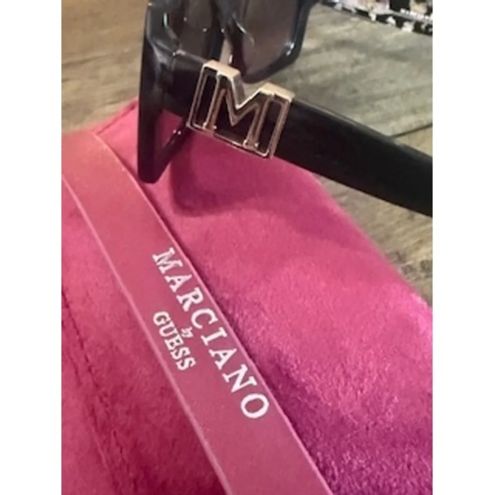 Marciano by Guess Black Rectangular Cat Eye Sunglasses Gold M Logo with Pouch